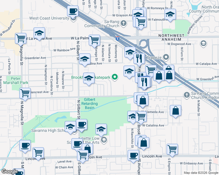 map of restaurants, bars, coffee shops, grocery stores, and more near 625 North Ventura Street in Anaheim
