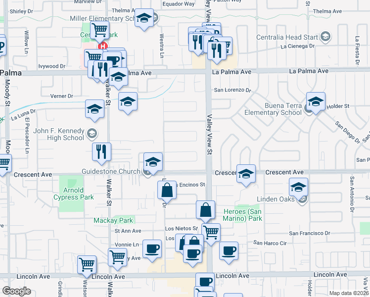 map of restaurants, bars, coffee shops, grocery stores, and more near 5914 Los Angeles Way in Buena Park