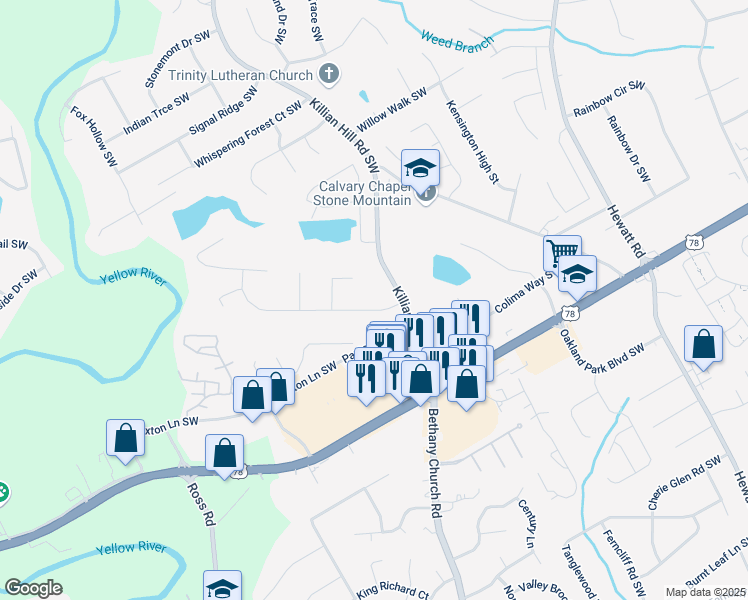 map of restaurants, bars, coffee shops, grocery stores, and more near 4033 Scenic Mountain Drive Southwest in Snellville