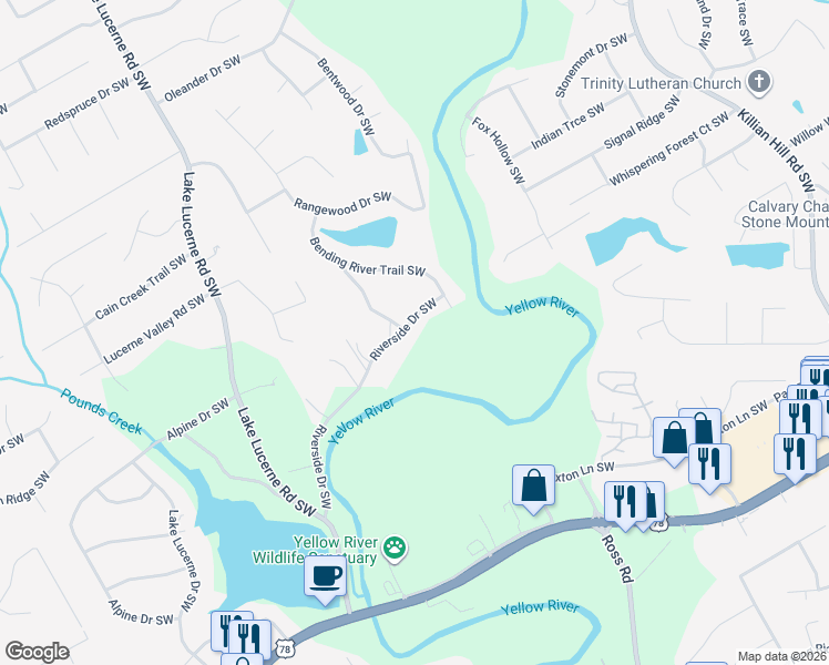 map of restaurants, bars, coffee shops, grocery stores, and more near 4334 Riverside Drive Southwest in Lilburn