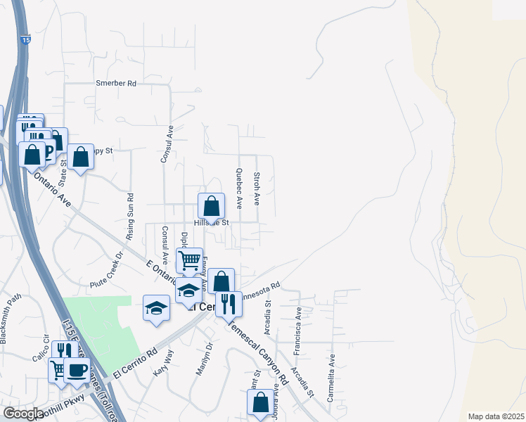 map of restaurants, bars, coffee shops, grocery stores, and more near 19170 Stroh Avenue in Corona