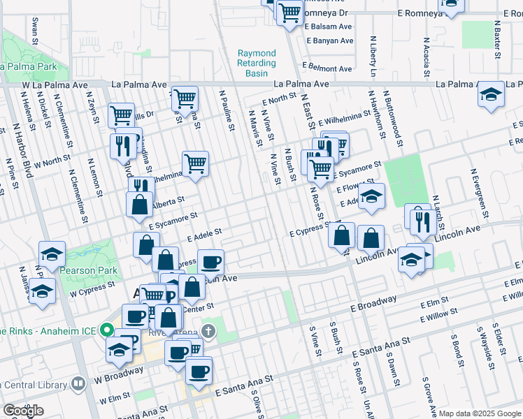 map of restaurants, bars, coffee shops, grocery stores, and more near 427 North Vine Street in Anaheim