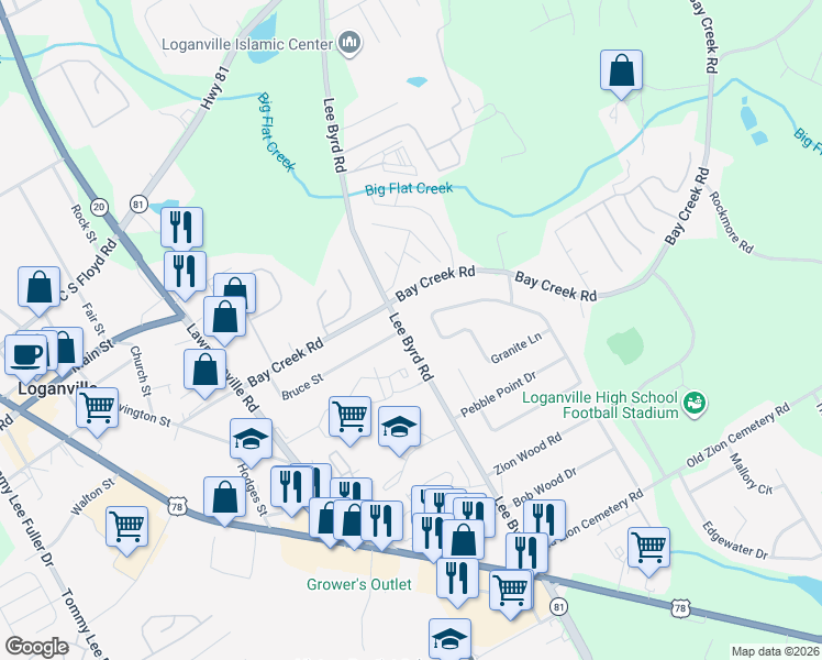 map of restaurants, bars, coffee shops, grocery stores, and more near 587 Lee Byrd Road in Loganville
