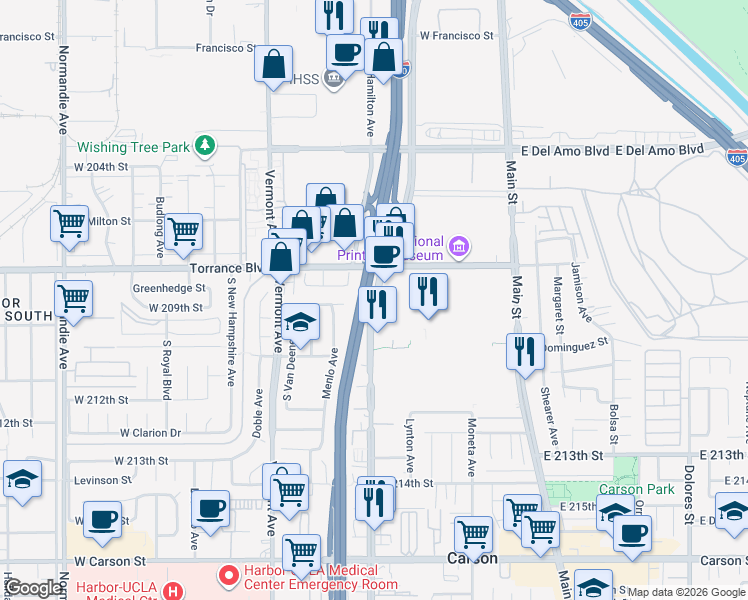 map of restaurants, bars, coffee shops, grocery stores, and more near 22707 South Figueroa Street in Carson