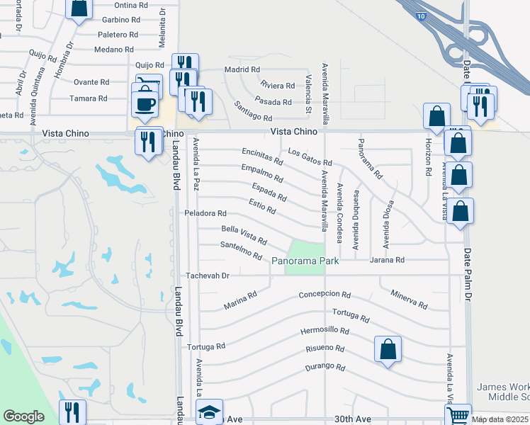 map of restaurants, bars, coffee shops, grocery stores, and more near 68175 Estio Road in Cathedral City