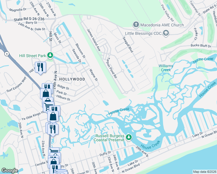 map of restaurants, bars, coffee shops, grocery stores, and more near 1020 Tarpon Pond Road in North Myrtle Beach
