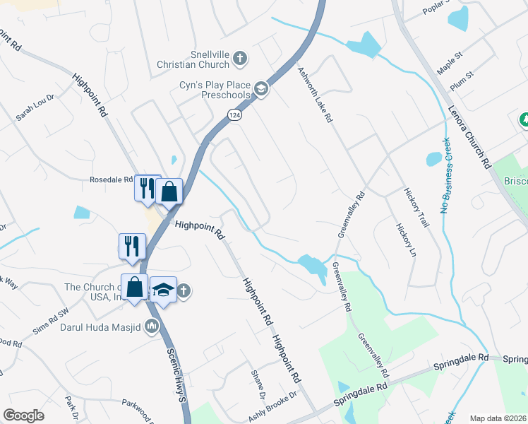 map of restaurants, bars, coffee shops, grocery stores, and more near 2672 Newtons Crest Circle in Snellville