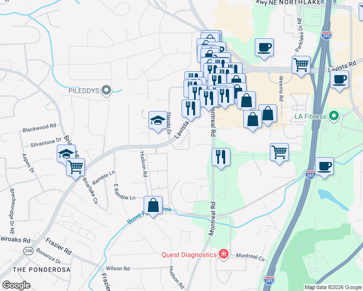 map of restaurants, bars, coffee shops, grocery stores, and more near 3825 Lavista Road in Tucker