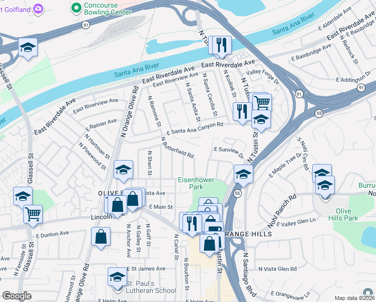 map of restaurants, bars, coffee shops, grocery stores, and more near 1442 East Sunview Drive in Orange