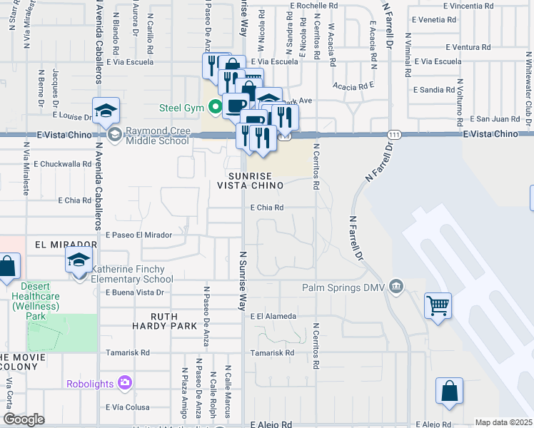 map of restaurants, bars, coffee shops, grocery stores, and more near 1712 East Chia Road in Palm Springs