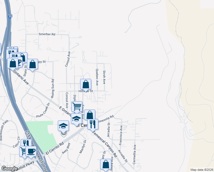 map of restaurants, bars, coffee shops, grocery stores, and more near 19170 Stroh Avenue in Corona