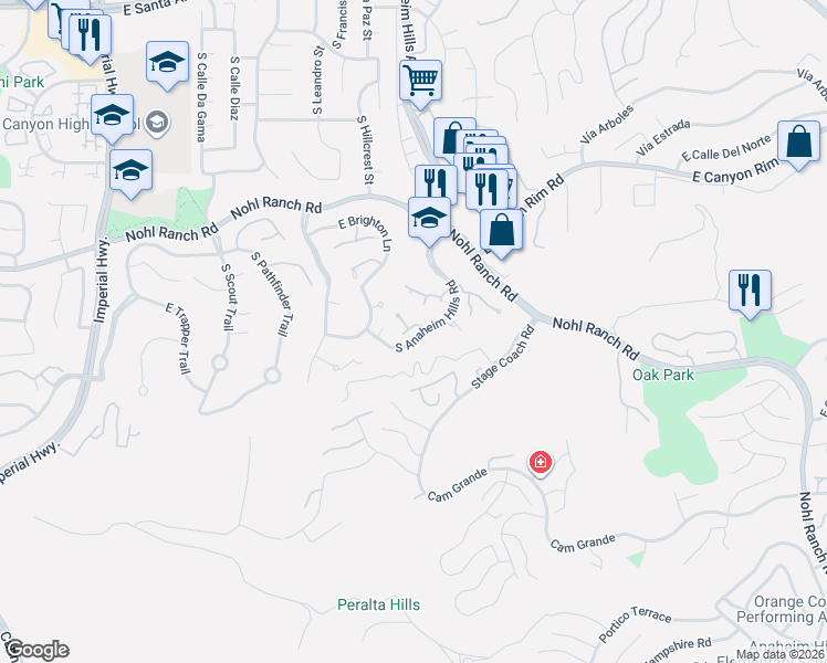map of restaurants, bars, coffee shops, grocery stores, and more near 6083 East Summit Court in Anaheim
