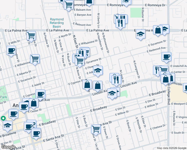 map of restaurants, bars, coffee shops, grocery stores, and more near 1255 East Adele Street in Anaheim