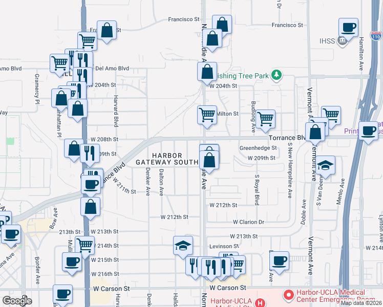 map of restaurants, bars, coffee shops, grocery stores, and more near 20812 Brighton Avenue in Torrance