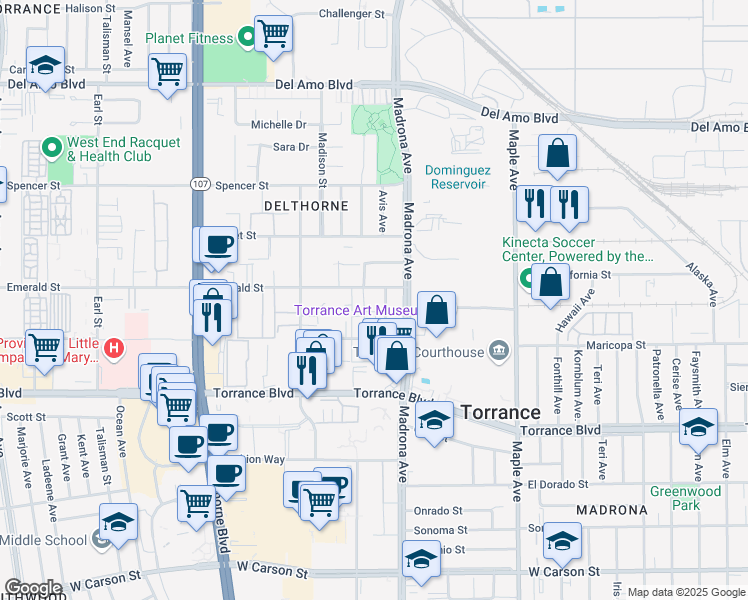 map of restaurants, bars, coffee shops, grocery stores, and more near 3413 Emerald Street in Torrance