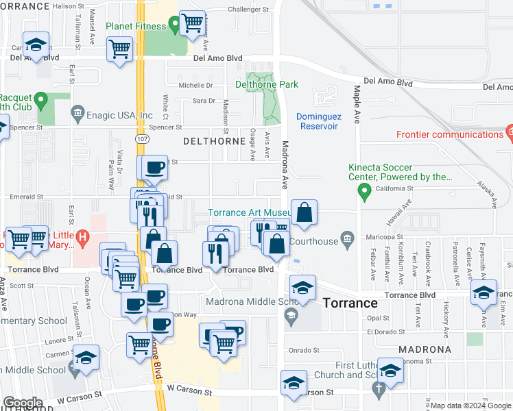 map of restaurants, bars, coffee shops, grocery stores, and more near 3455 Emerald Street in Torrance