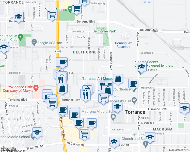 map of restaurants, bars, coffee shops, grocery stores, and more near 3455 Emerald Street in Torrance