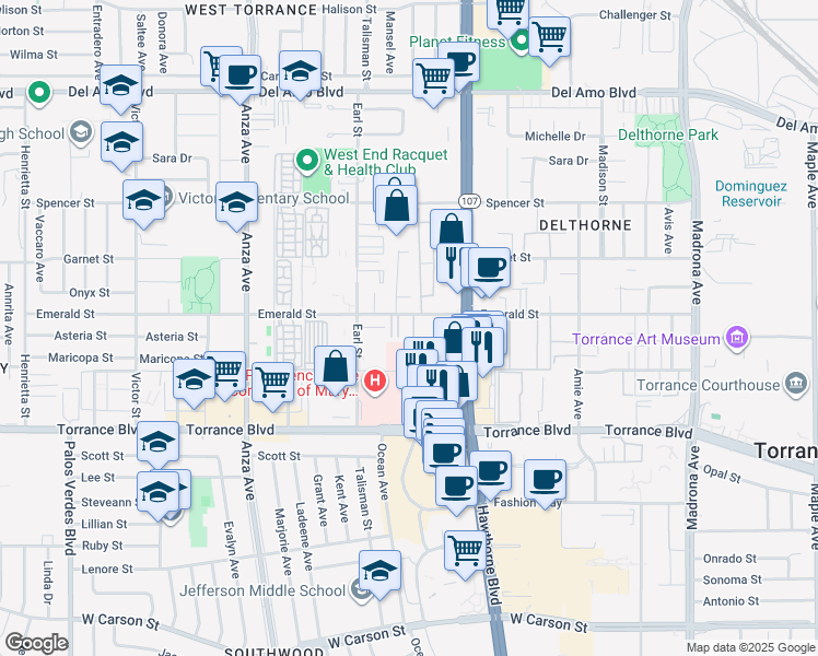 map of restaurants, bars, coffee shops, grocery stores, and more near 4015 Emerald Street in Torrance