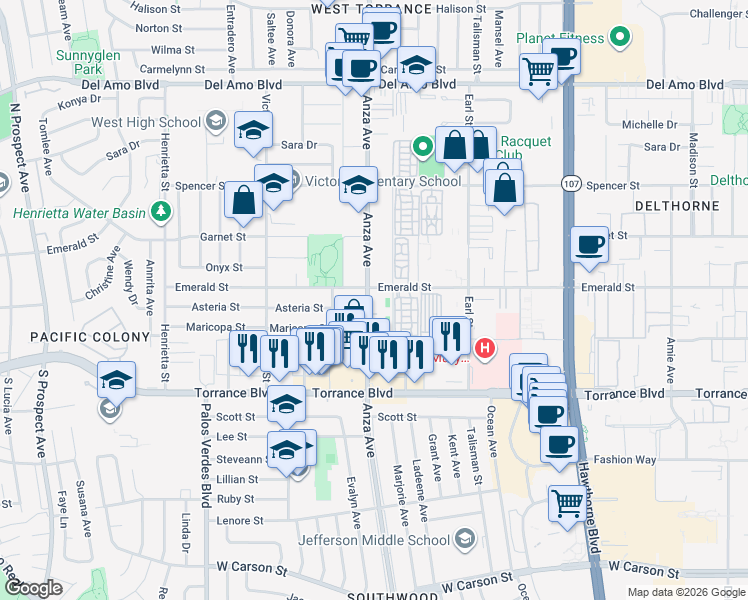 map of restaurants, bars, coffee shops, grocery stores, and more near 20730 Anza Avenue in Torrance