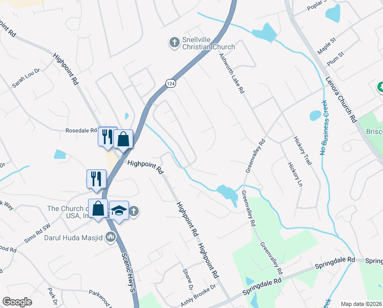 map of restaurants, bars, coffee shops, grocery stores, and more near 2672 Newtons Crest Circle in Snellville