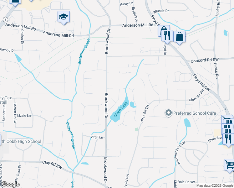 map of restaurants, bars, coffee shops, grocery stores, and more near 1278 Heritage Lakes Drive Southwest in Mableton