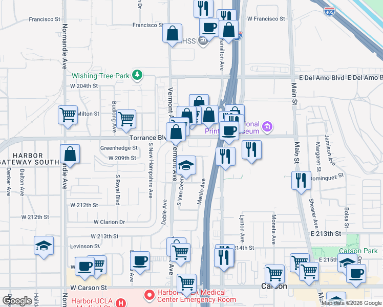 map of restaurants, bars, coffee shops, grocery stores, and more near 815 Greenhedge Street in Torrance