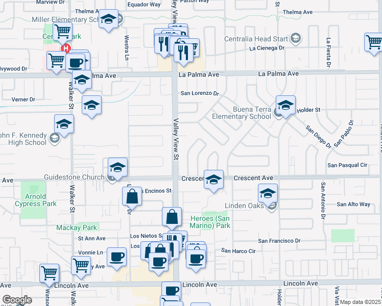 map of restaurants, bars, coffee shops, grocery stores, and more near 8456 San Clemente Way in Buena Park