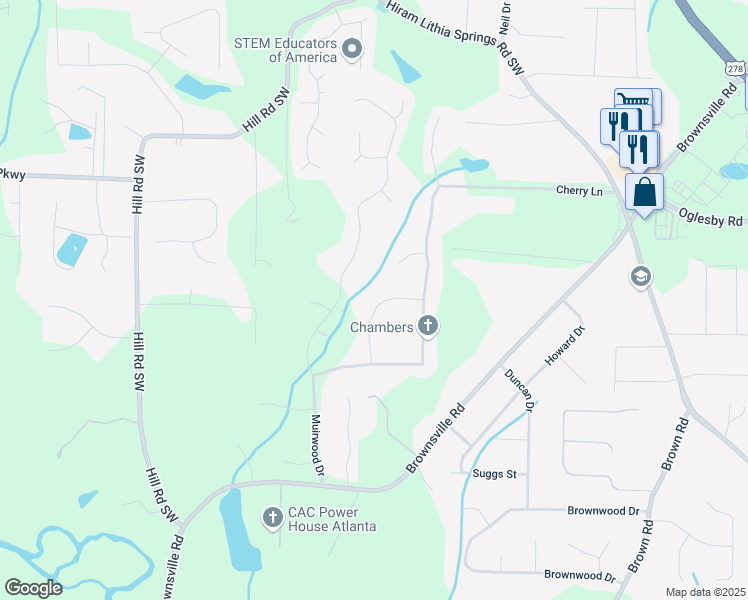 map of restaurants, bars, coffee shops, grocery stores, and more near 4585 Muirwood Circle in Powder Springs