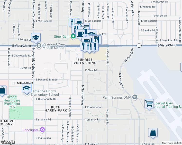 map of restaurants, bars, coffee shops, grocery stores, and more near 1800 Paseo Raqueta in Palm Springs