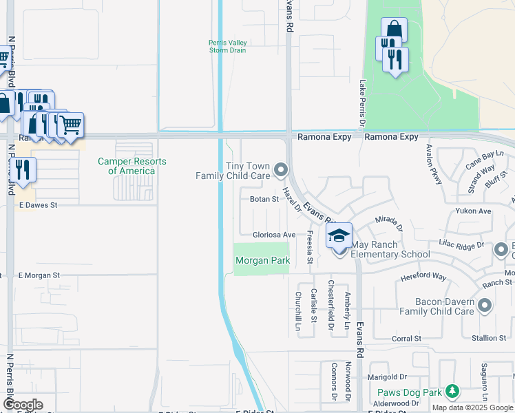 map of restaurants, bars, coffee shops, grocery stores, and more near 3739 Cherisa Street in Perris