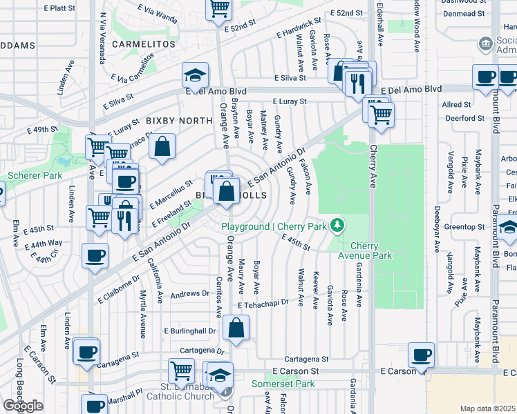 map of restaurants, bars, coffee shops, grocery stores, and more near 4519 North Banner Drive in Long Beach