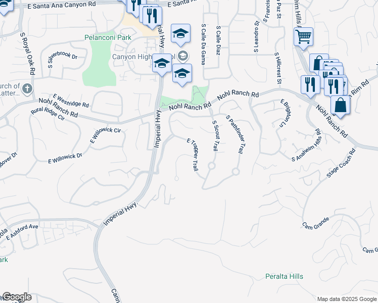 map of restaurants, bars, coffee shops, grocery stores, and more near 611 South Frontier Court in Anaheim