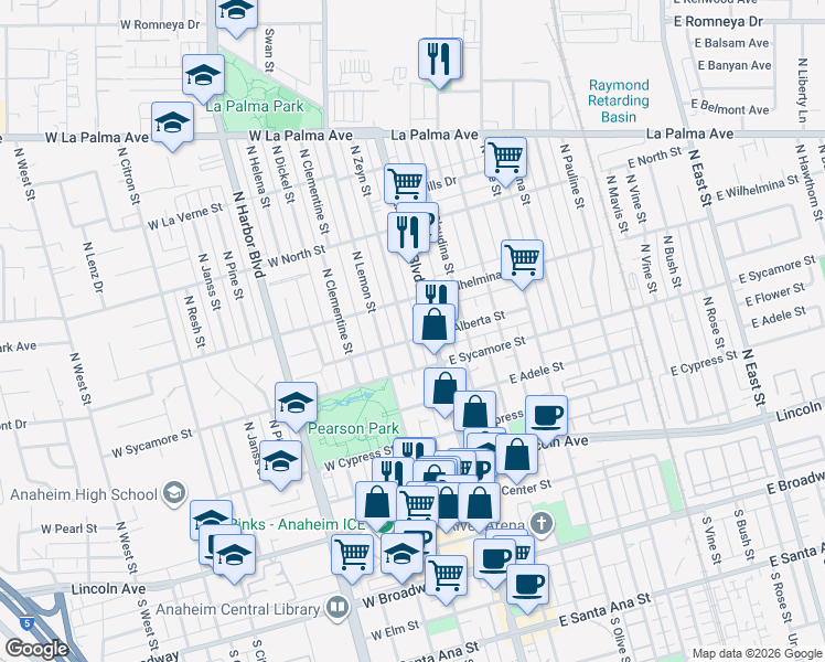 map of restaurants, bars, coffee shops, grocery stores, and more near 604 North Zeyn Street in Anaheim