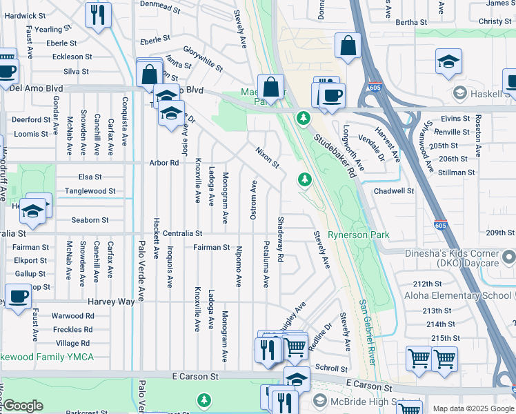map of restaurants, bars, coffee shops, grocery stores, and more near 4613 Ostrom Avenue in Lakewood