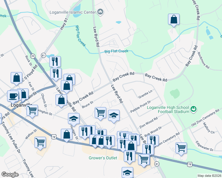 map of restaurants, bars, coffee shops, grocery stores, and more near 587 Lee Byrd Road in Loganville