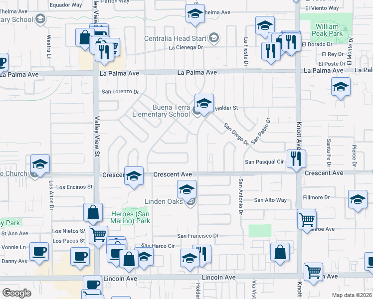 map of restaurants, bars, coffee shops, grocery stores, and more near 6401 San Marcos Way in Buena Park