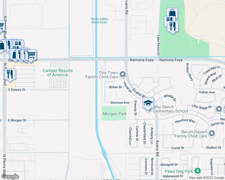 map of restaurants, bars, coffee shops, grocery stores, and more near 3739 Cherisa Street in Perris