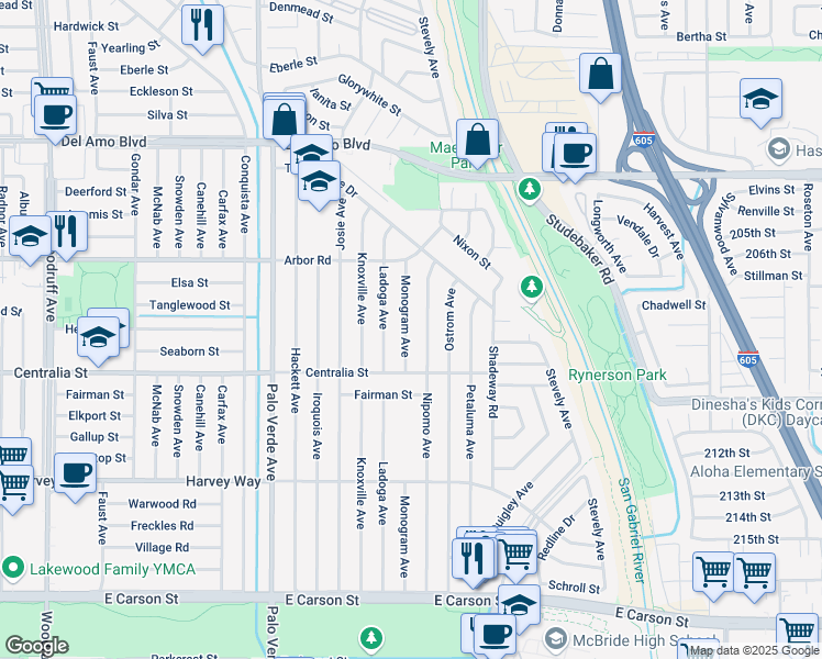 map of restaurants, bars, coffee shops, grocery stores, and more near 4548 Monogram Avenue in Lakewood