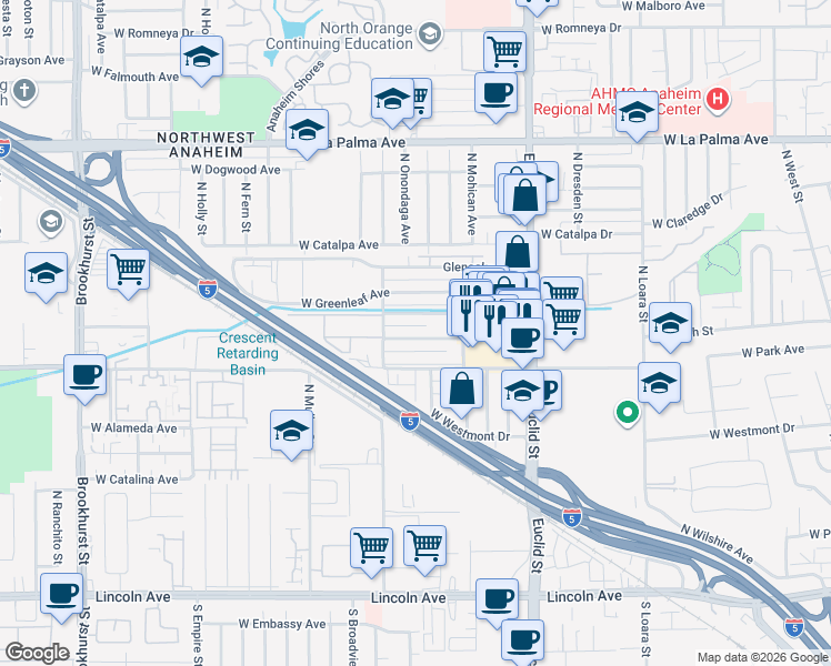 map of restaurants, bars, coffee shops, grocery stores, and more near 1821 West Gramercy Avenue in Anaheim