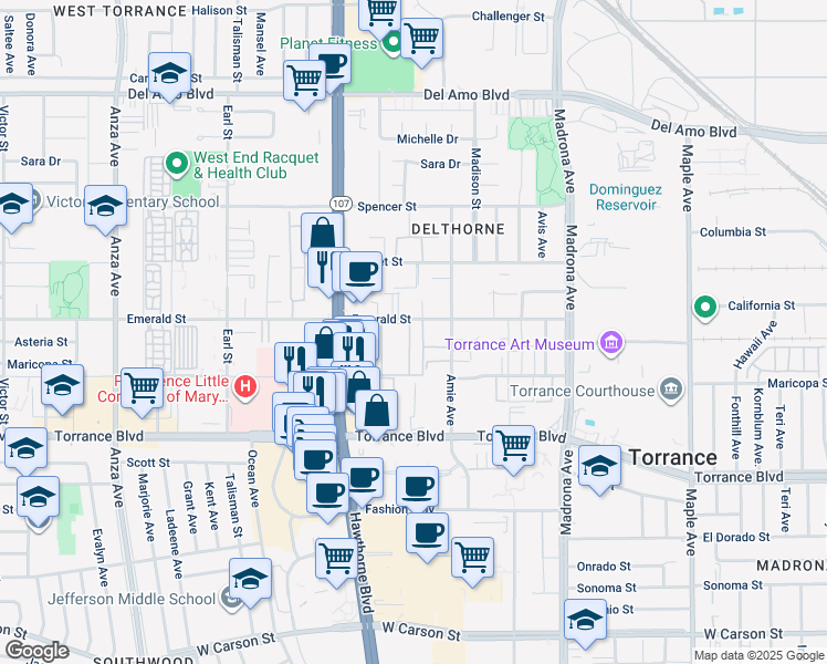 map of restaurants, bars, coffee shops, grocery stores, and more near 3650 Emerald Street in Torrance