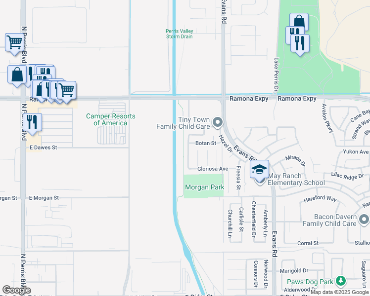 map of restaurants, bars, coffee shops, grocery stores, and more near 3752 Veronica Avenue in Perris