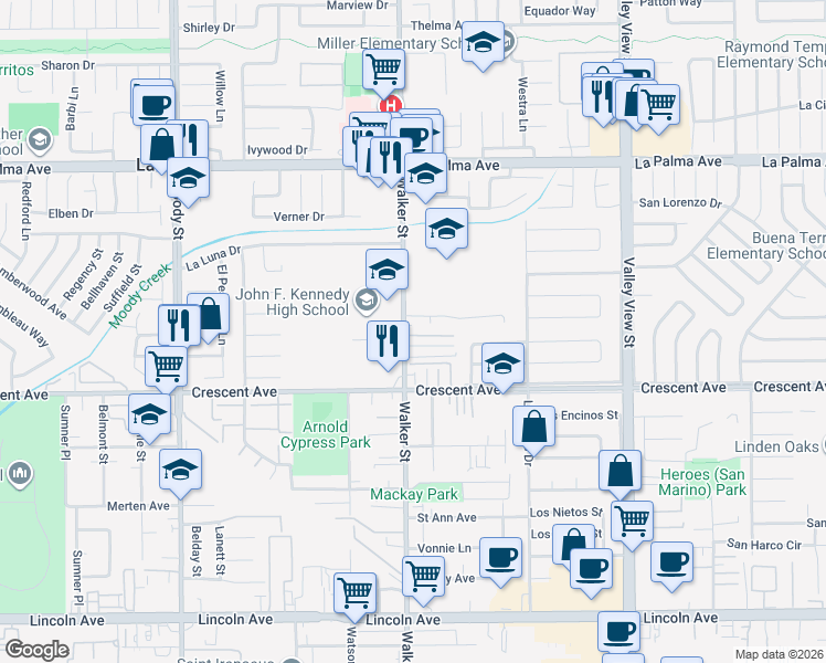 map of restaurants, bars, coffee shops, grocery stores, and more near 8358 Walker Street in Buena Park