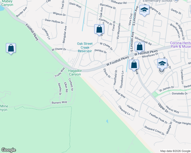 map of restaurants, bars, coffee shops, grocery stores, and more near 1254 Duxbury Circle in Corona