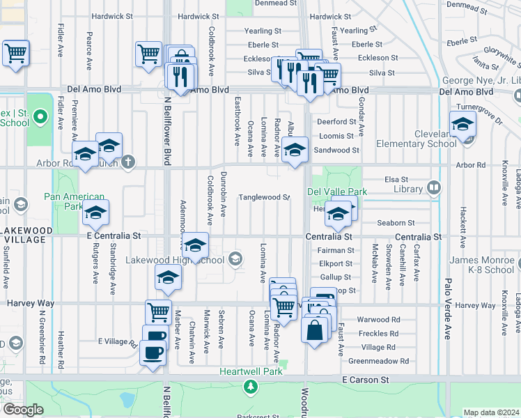 map of restaurants, bars, coffee shops, grocery stores, and more near 4549 Lomina Avenue in Lakewood