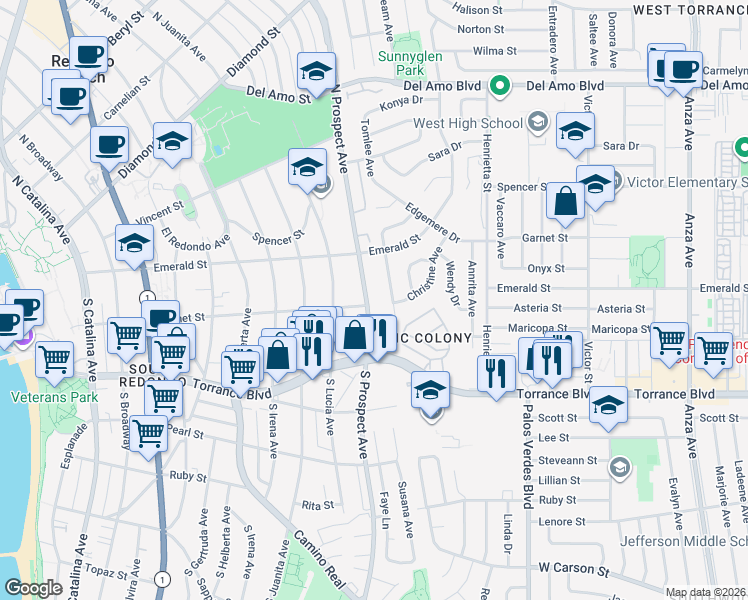 map of restaurants, bars, coffee shops, grocery stores, and more near 128 South Prospect Avenue in Redondo Beach