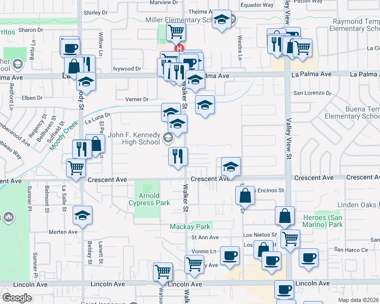 map of restaurants, bars, coffee shops, grocery stores, and more near 8358 Walker Street in Buena Park