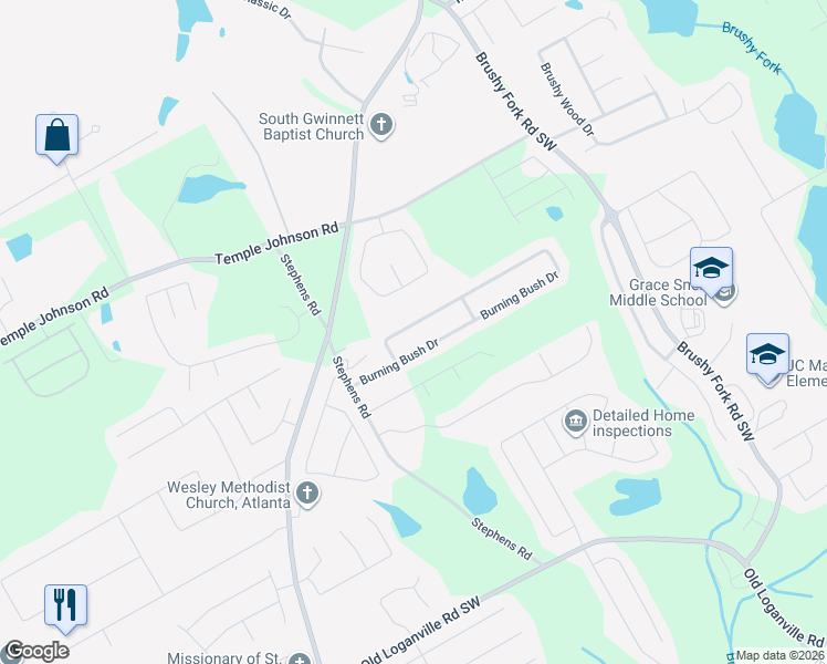 map of restaurants, bars, coffee shops, grocery stores, and more near 940 Burning Bush Drive in Loganville