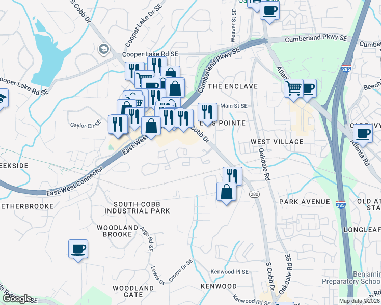 map of restaurants, bars, coffee shops, grocery stores, and more near 4578 Valley Parkway in Smyrna