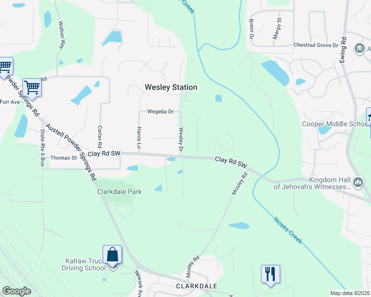 map of restaurants, bars, coffee shops, grocery stores, and more near 4643 Wesley Drive in Austell