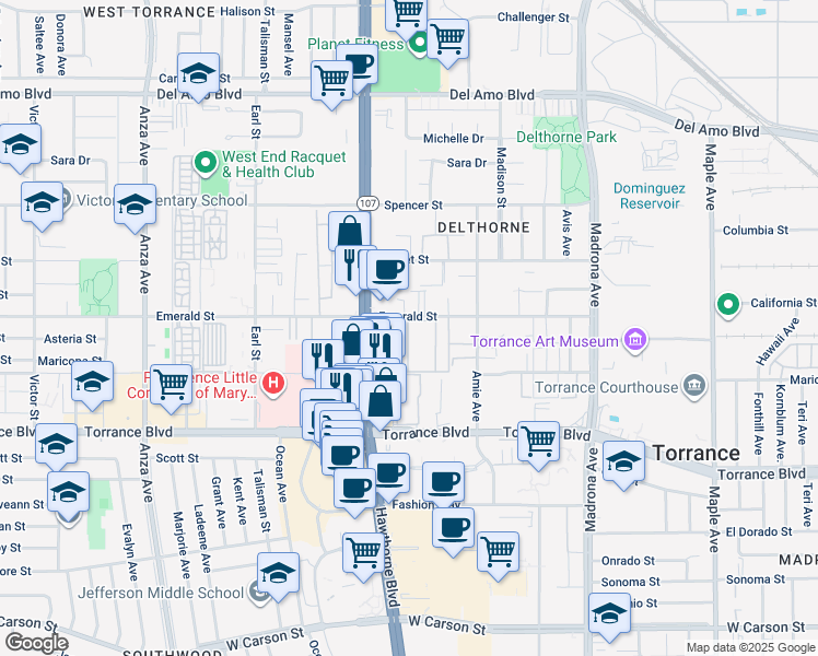 map of restaurants, bars, coffee shops, grocery stores, and more near in Torrance